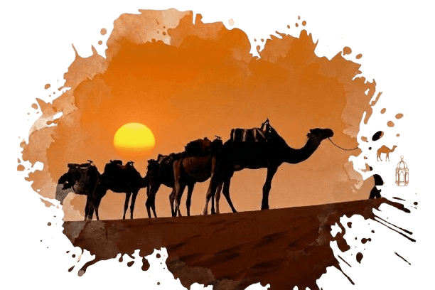 Camel caravan silhouette crossing Erg Chebbi dunes at sunset on a Marrakech to Merzouga desert tour