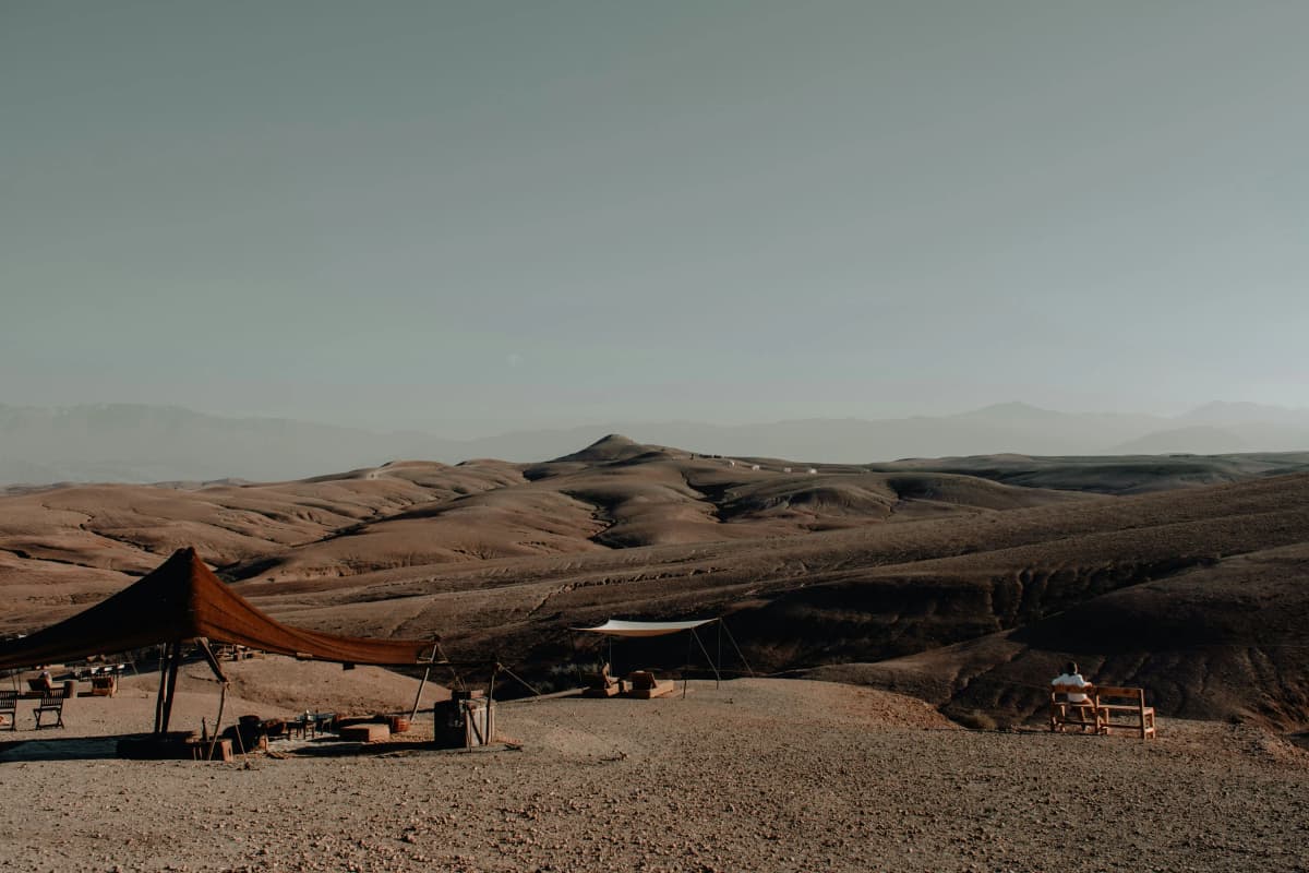 Camel ride at sunset in the Agafay Desert near Marrakech