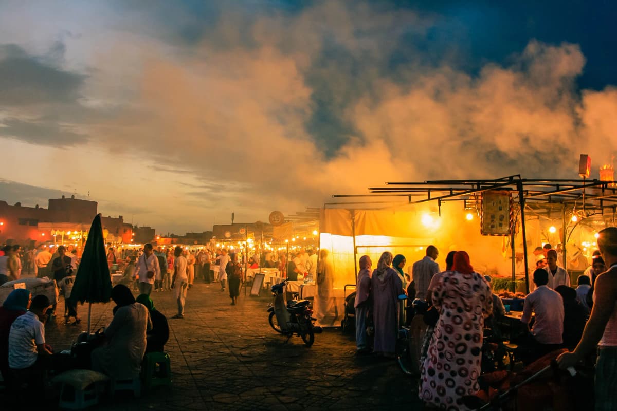 Marrakech nightlife rooftop terrace with jamaa al-fna views, cocktails, dinner