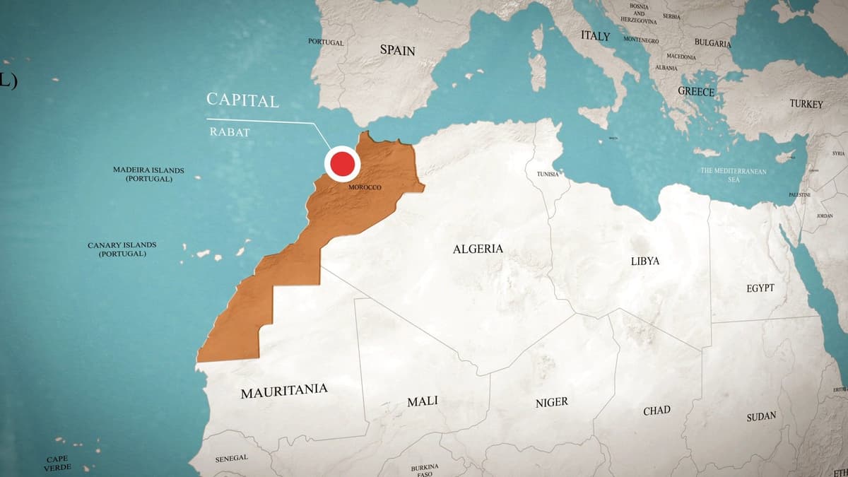map of Morocco in northwest Africa showing Marrakech, Atlas Mountains, Atlantic Ocean and Mediterranean Sea