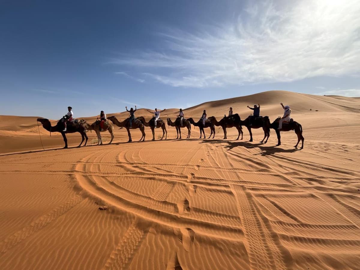Camel ride across Erg Chebbi during a two week Morocco itinerary