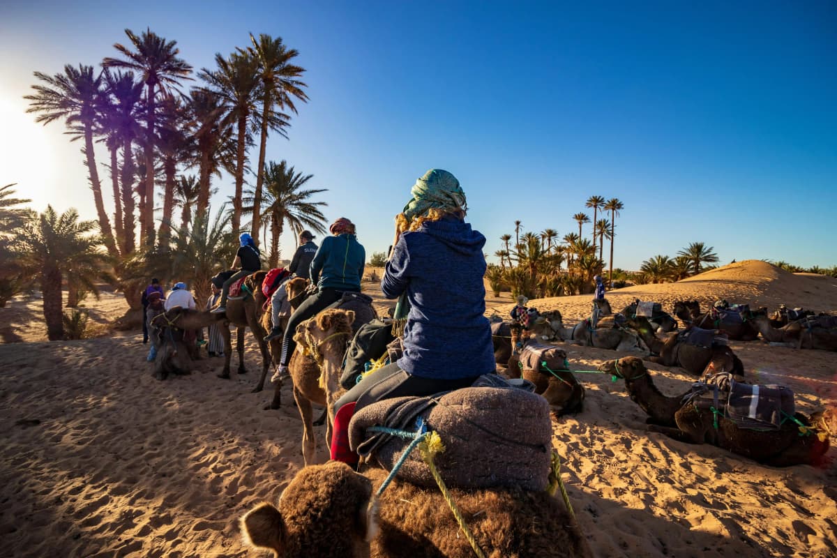 Camel caravan crossing the Erg Chigaga dunes in the Moroccan Sahara