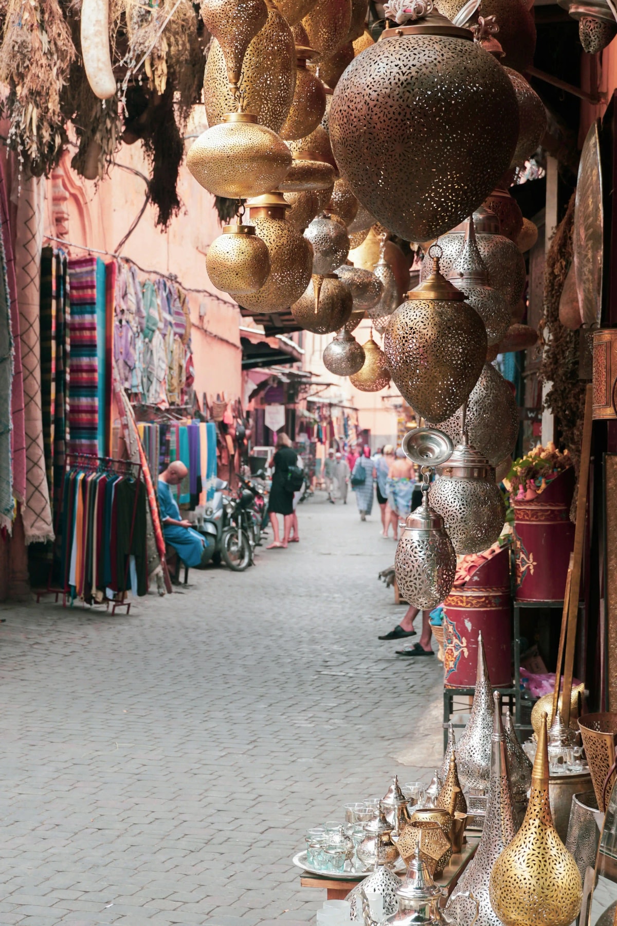 colorful Marrakech souk with Moroccan lanterns, carpets, spices and handmade crafts