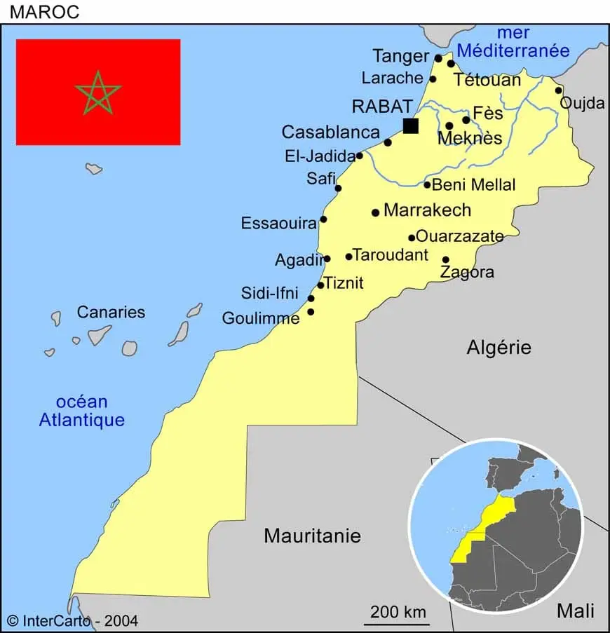 Map of Morocco showing Marrakech, Fes, Merzouga, Chefchaouen and the Sahara desert